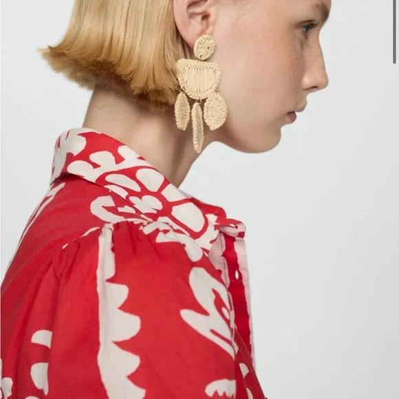 Mango Red & White Print Patterned Mini Dress in 100% Cotton with Pockets - Picture 5 of 14